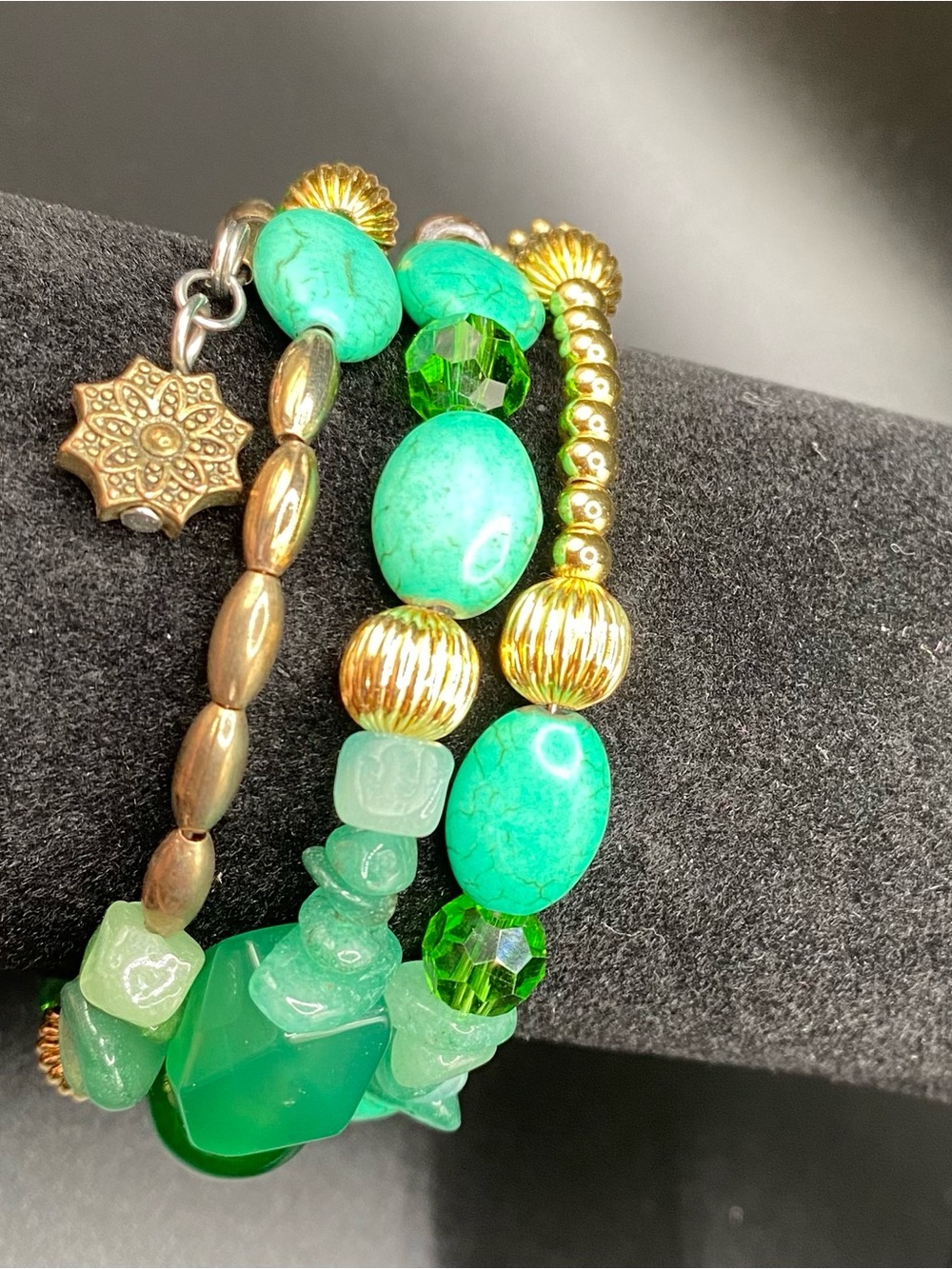 Boho multi strand Green Gold tone & wood Beaded Stretch Bracelet